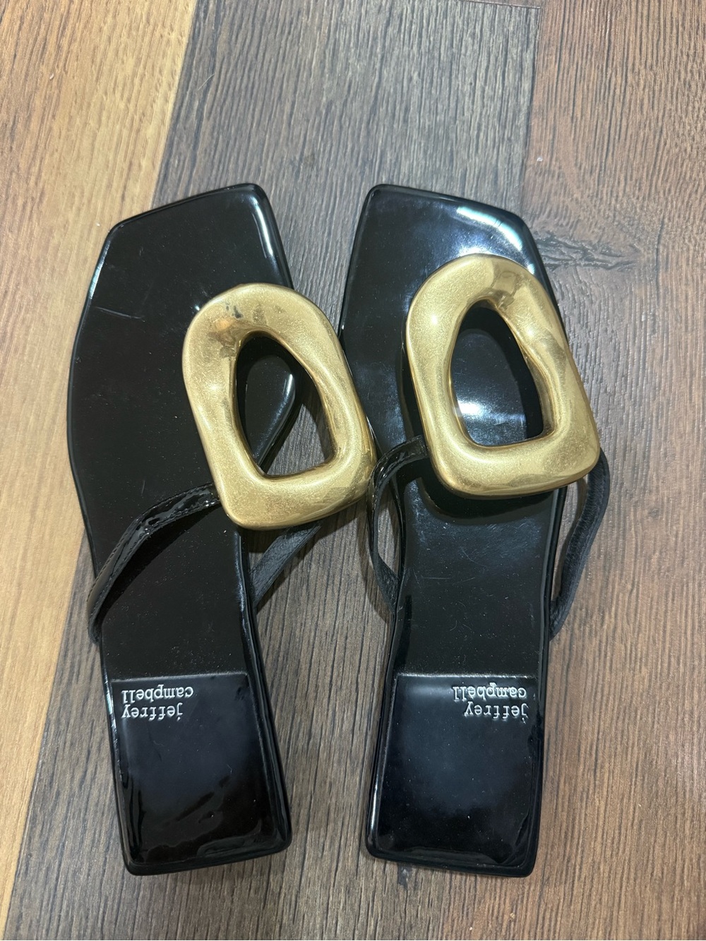 Jeffrey Campbell Black Sandals with Gold Buckle Accent